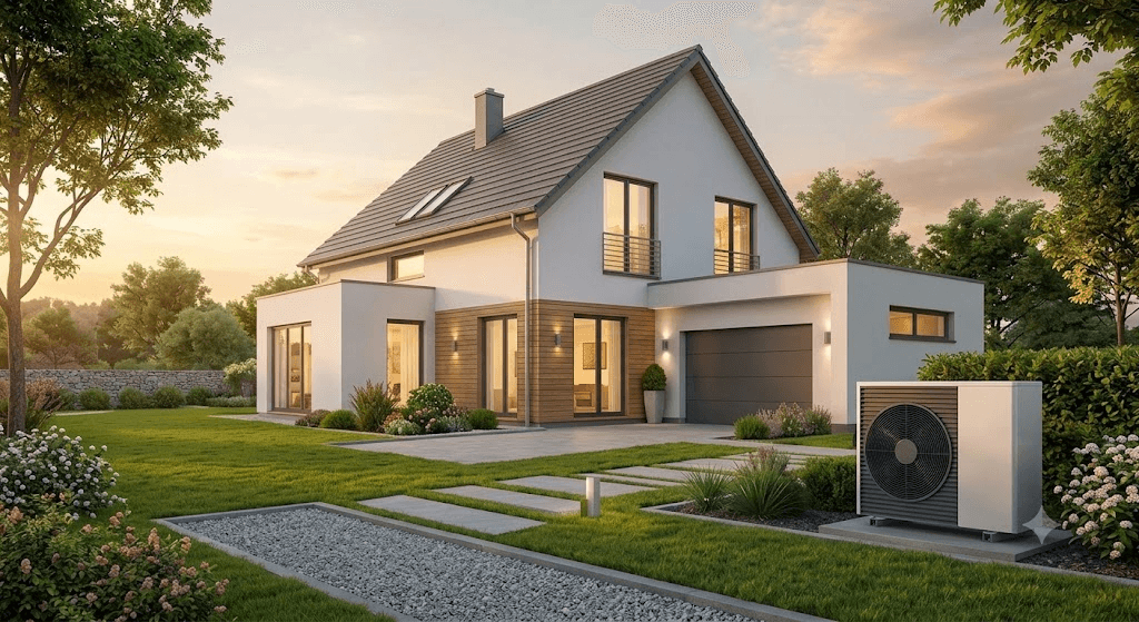 Maison moderne équipée d'une pompe à chaleur au coucher du soleil